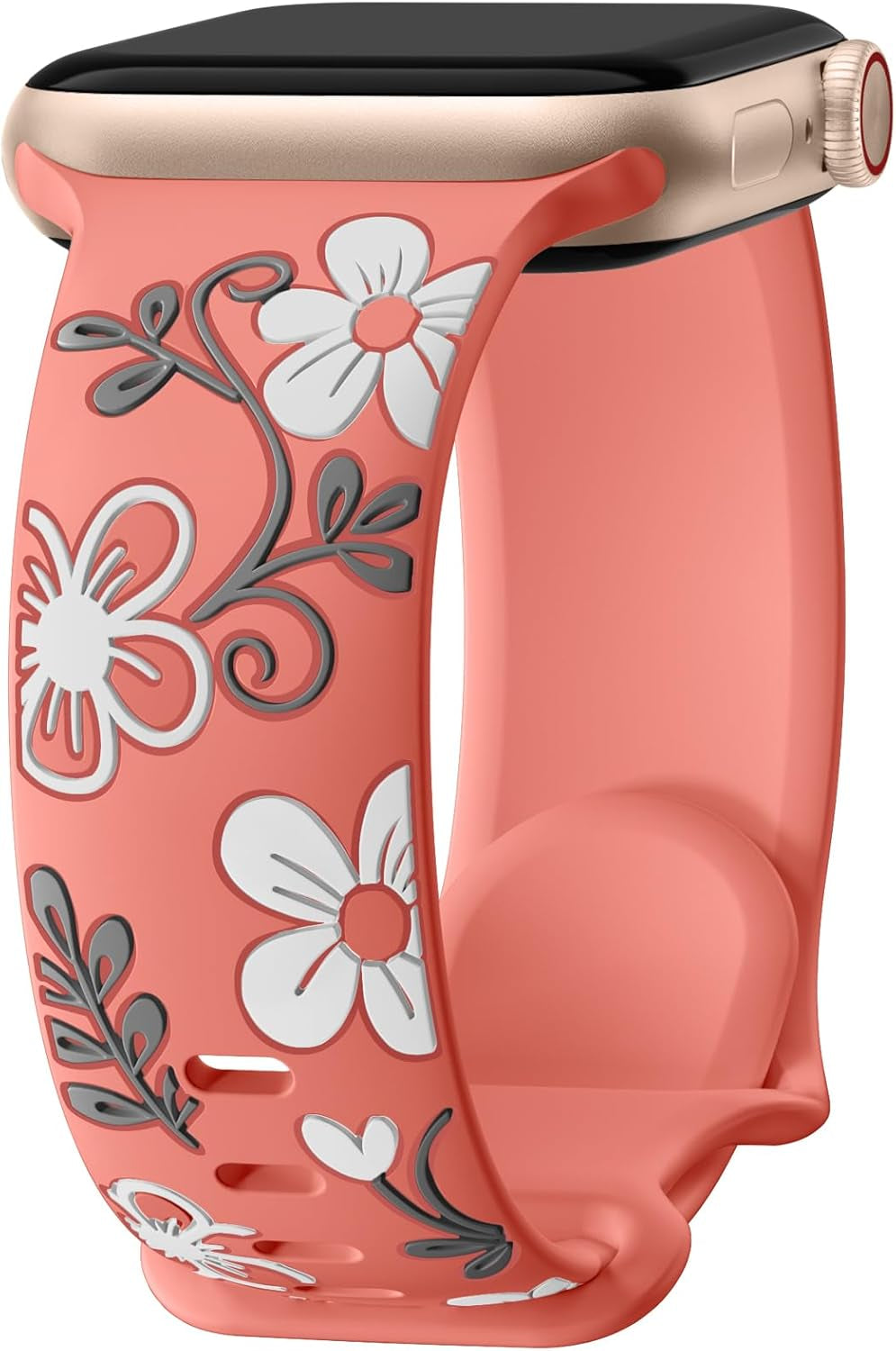Floral Band Compatible with Apple Watch Bands for Women 40Mm 41Mm 38Mm 42Mm 44Mm 45Mm 46Mm 49Mm, Engraved Cute Flower Silicone Inlay Dressy Strap for Iwatch Series 10 9 8 7 6 5 4 3 2 SE Ultra