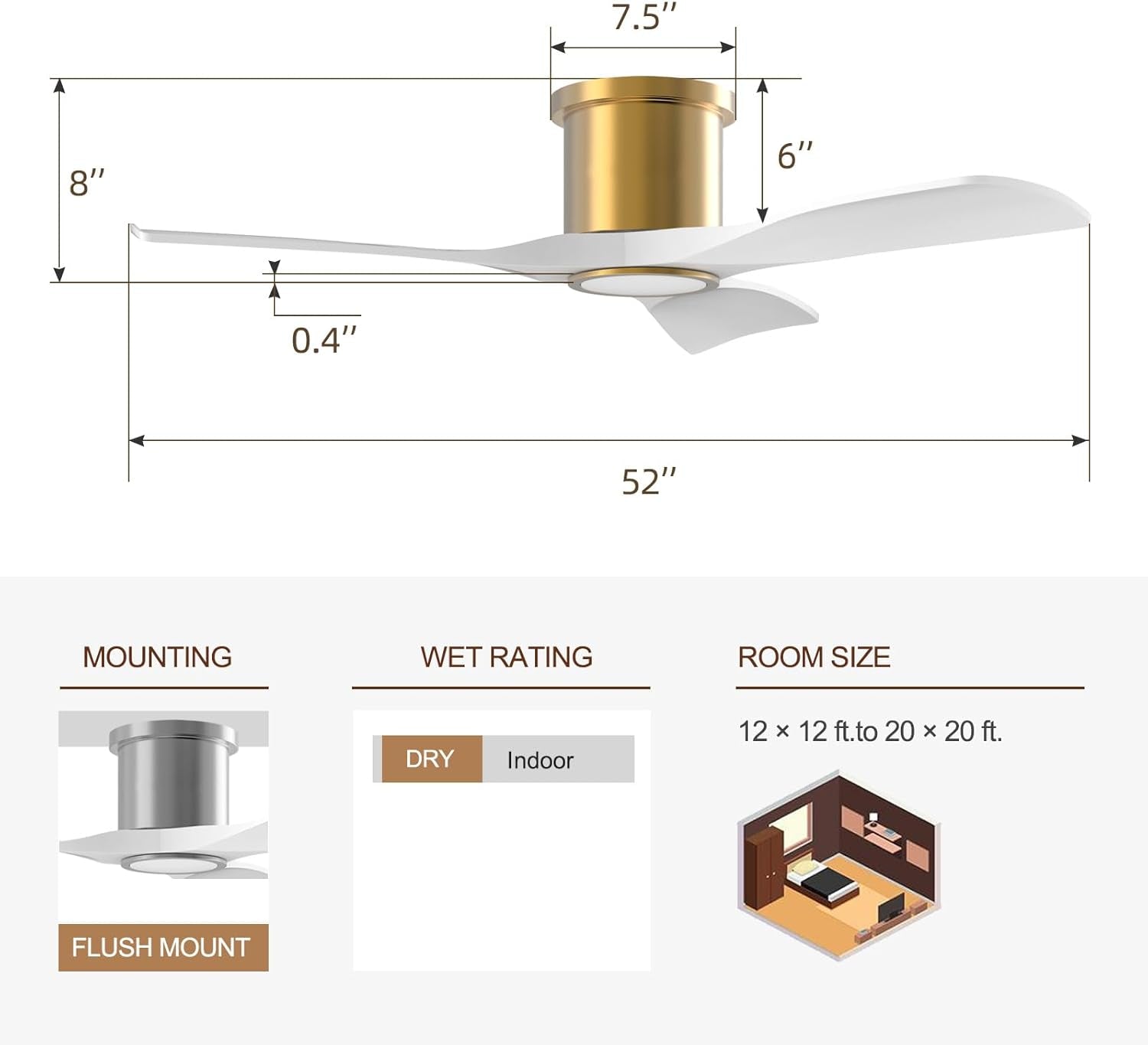 52 Inch Smart Ceiling Fan with Light and Remote, Indoor 3 Blade White Gold Low Profile Flush Mount Modern Ceiling Fan for Bedroom Living Room