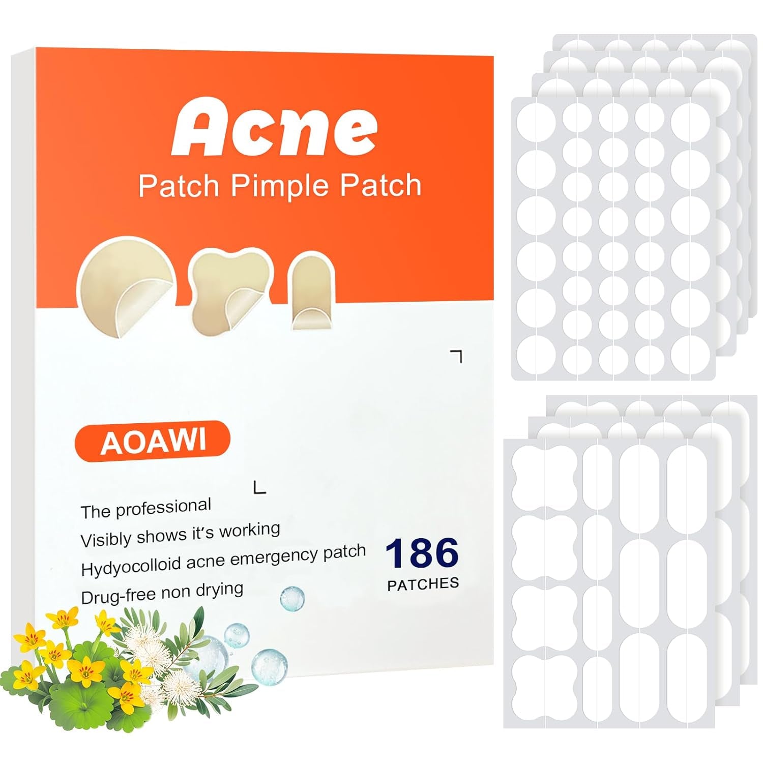 Acne Hydrocolloid Patches, 5 Sizes and 4 Shapes with 186Pcs, the Innovative Size L Suitable Face, Body, Nose, Pimple, Acne Blemishes, with Salicylic Acid, Tea Tree Oil,Centella Asiatica