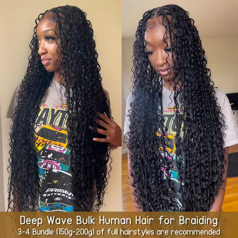 Human Braiding Hair 20 Inch Deep Wave Bulk Human Hair for Braiding No Weft 100% Unprocessed Curly Micro Human Hair Braiding Hair Extensions for Boho Braids Wet and Wave 50G1Bundle/Pack #Natural Color