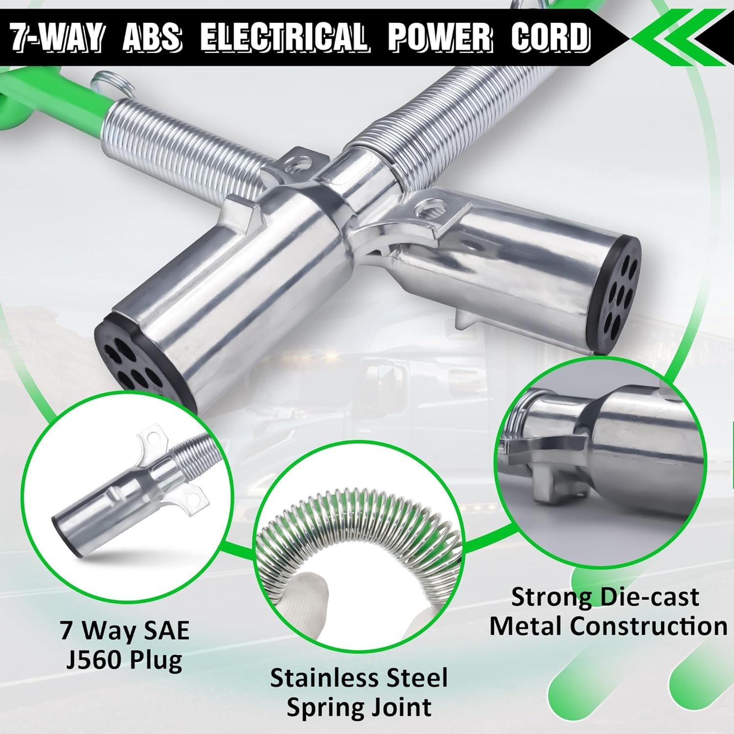 7 Way Coiled Cord 15 FT Green ABS Electrical Power Cords Coil Pigtail Power Wire Heavy Duty Cable for Semi Truck Trailer Tractors