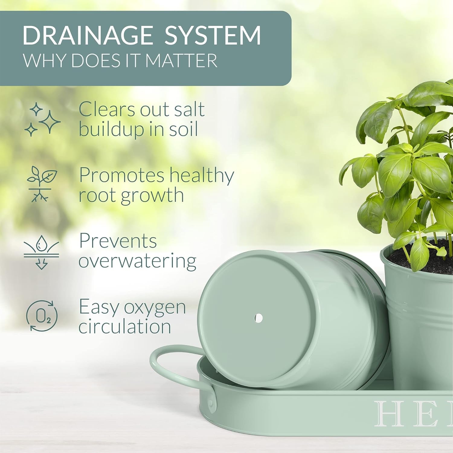 Indoor Herb Garden Planter Set with Tray, Metal Windowsill Plant Pots with Drainage for Outdoor or Indoor Plants, Set/3 (Soft Mint)