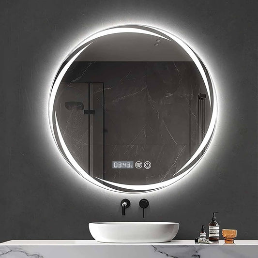 28" round Led Mirror,Round Led Bathroom Mirror, Anti-Fog Wall-Mounted Vanity Mirror, Backlit Frameless Smart Mirror, with 3-Color Dimmable and Time,Dual Touch Switch
