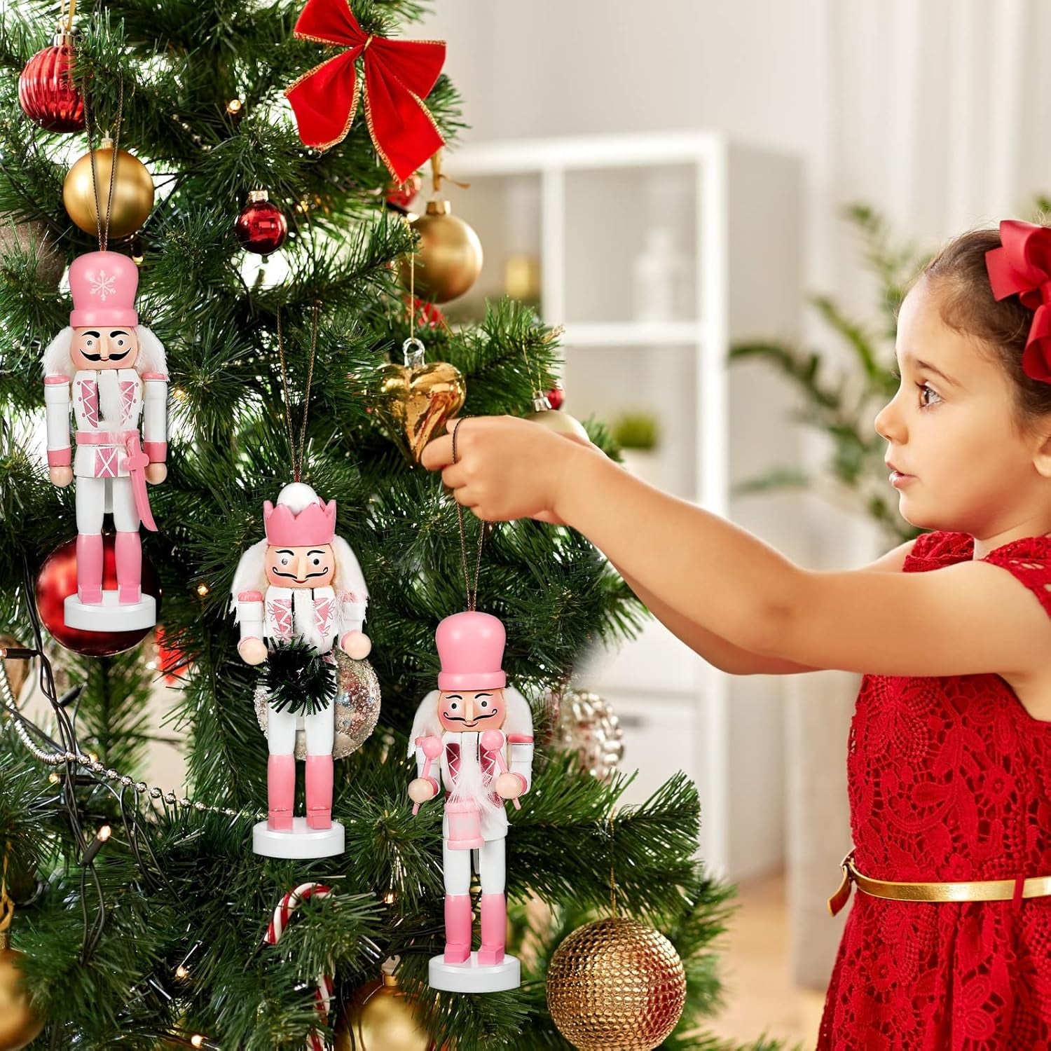 5 Pcs Christmas Nutcracker Ornaments Pink Wooden Nutcracker Hanging Decorations 5 Inch Soldier Nutcracker Figures Christmas Table Decoration Gift for Christmas Tree Holiday Party