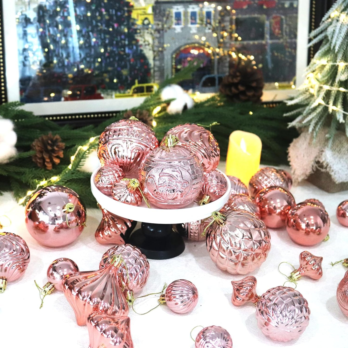 Christmas Ornaments Set with 36Pcs Shatterproof Christmas Tree Decorations Multi-Size Christmas Ball Ornaments with 7 Styles Rose Gold