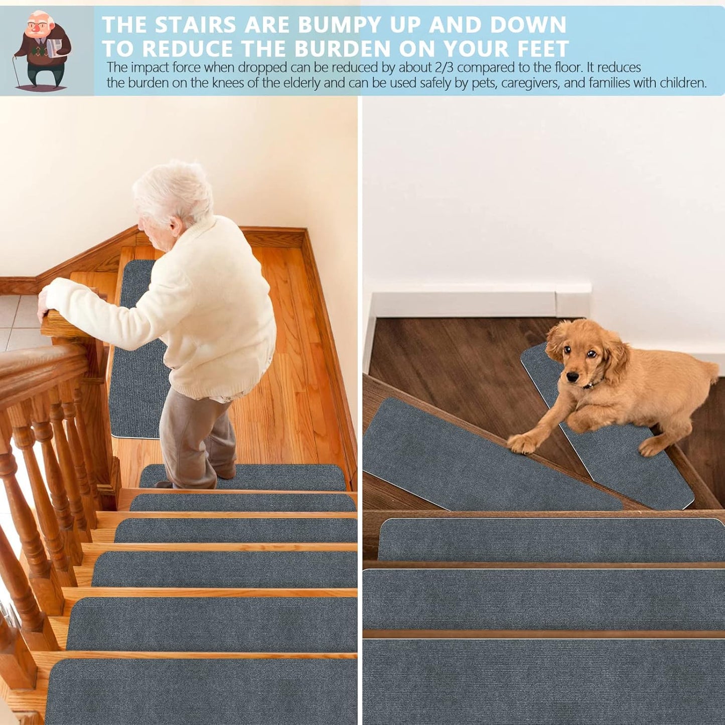 8" X 30" (15 in Pack) Non-Slip Stair Treads Carpet for Wooden Steps, Self-Adhesive Stair Treads Mat, Safety Indoor Stair Runner Mats, anti Slip Stair Rugs for Kids Elders and Dogs，Grey