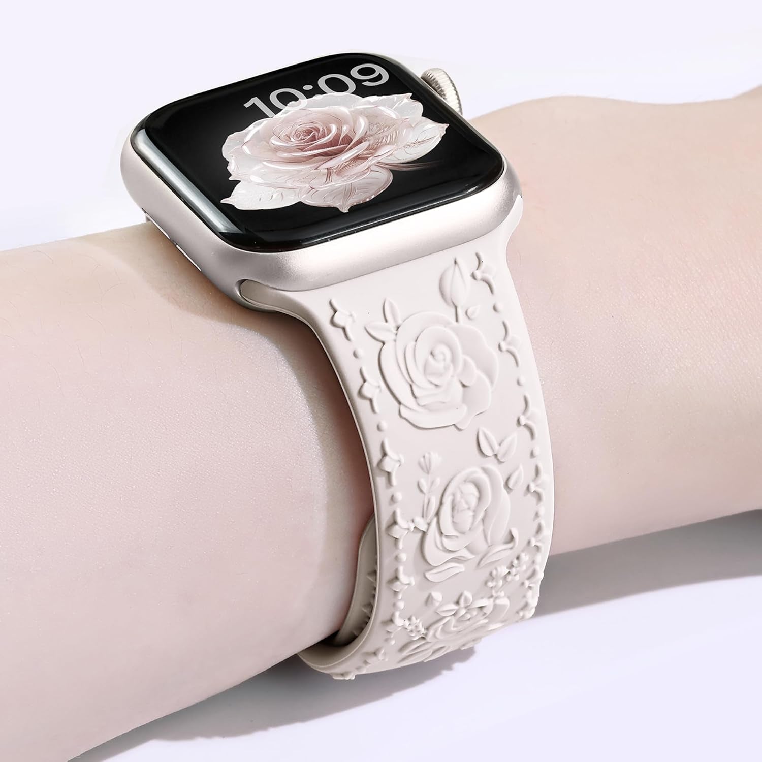 2 Pack Floral Silicone Band for Apple Watch Bands 46Mm 45Mm 44Mm 42Mm(S3) Iwatch Bands Series 10 9 8 7 SE 6 5 4 3 for Women, Cute Fancy Dressy Engraved Strap