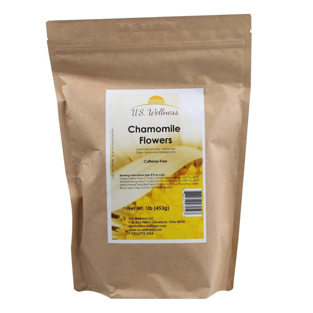 Chamomile Tea 1LB (16Oz) 100% CERTIFIED Organic (USDA Seal) Chamomile Flowers Herbal Tea (Matricaria Chamomilla) in 1 Lb Bulk Kraft BPA Free Resealable Bags from U.S. Wellness TLBH