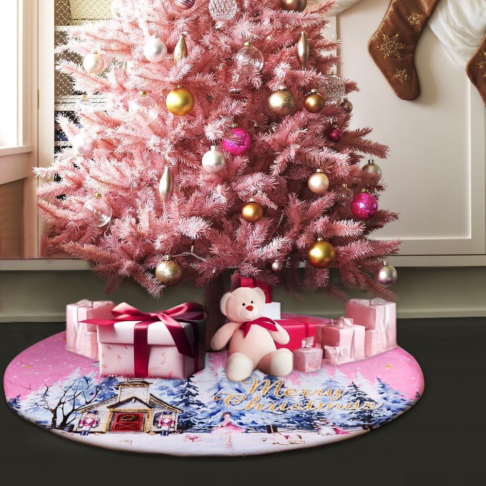 36 Inch Christmas Tree Skirt, Cute Pink Soft Dutch Velvet Xmas Tree Skirts with Winter Snow Snowflake Nutcracker for Winter Christmas Holiday Indoor Outdoor Decorations Decor (Pink, 36''/90Cm)