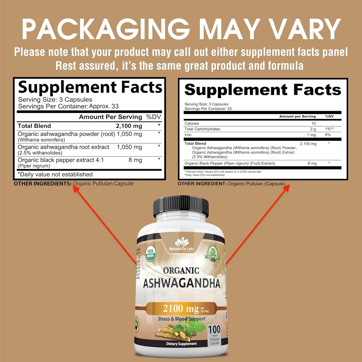 Organic Ashwagandha 2,100 Mg - 100 Veggie Capsules Pure Organic Ashwagandha Powder and Root Extract - Stress Relief, Mood Enhancer TLBH