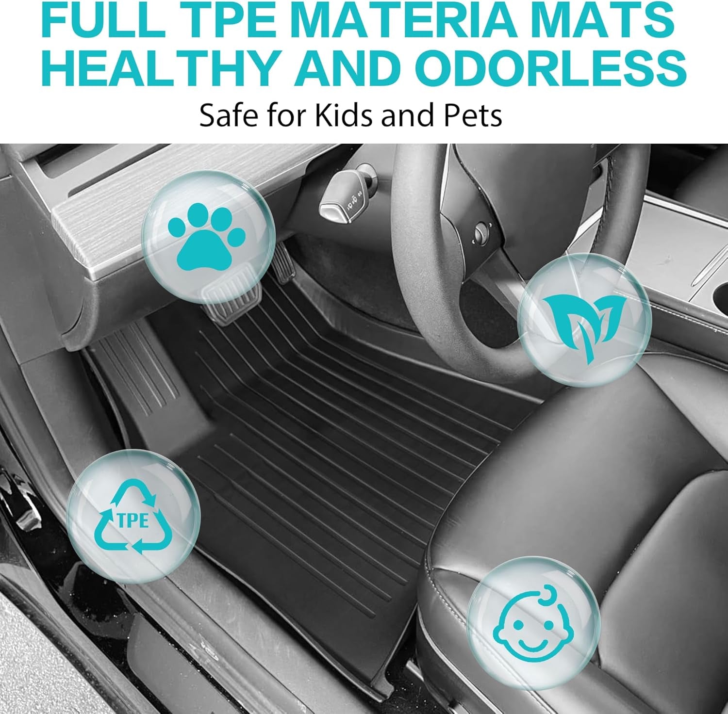 All Weather Floor Mats for Tesla Model Y 5-Seater 2024 2023 2022 2021, Anti-Slip TPE Waterproof Anti-Slip Front & Rear Trunk Mats Cargo Liners Accessories, Full Set Floor Liners, Set of 6