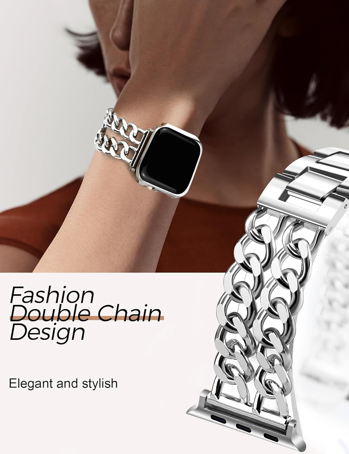 Silver Watch Bands for Women Compatible with Apple Watch Band 38Mm 40Mm 41Mm Adjustable Metal Band Cowboy Steel Chain Bracelet for Iwatch Series 9/8/7/6/5/4/3/2/1/Se/Ultra (No Case)