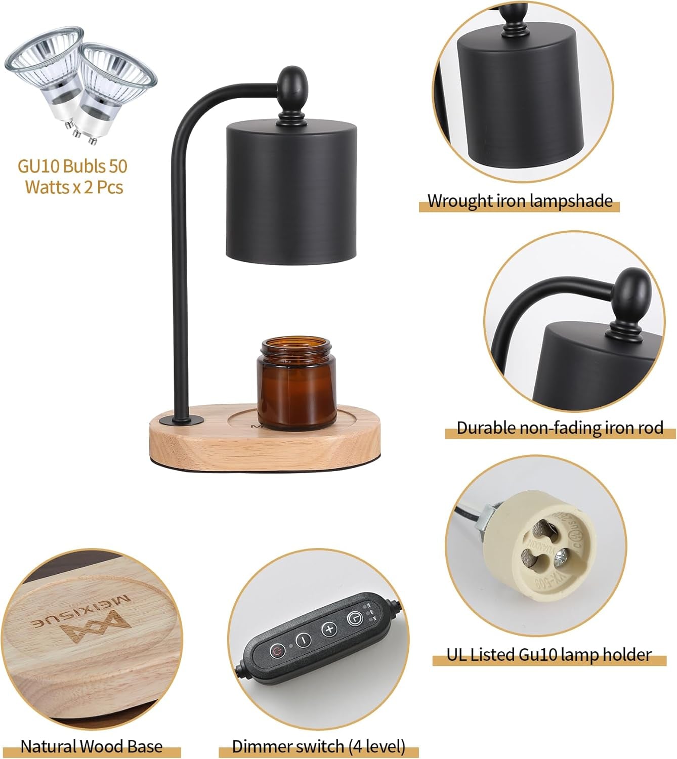 Candle Warmer Lamp with Dimmer and Timer,Black Electric Candle Wax Melt Warmer with 2 Bulbs Home Decor for Women Gifts New Home Jar Candles