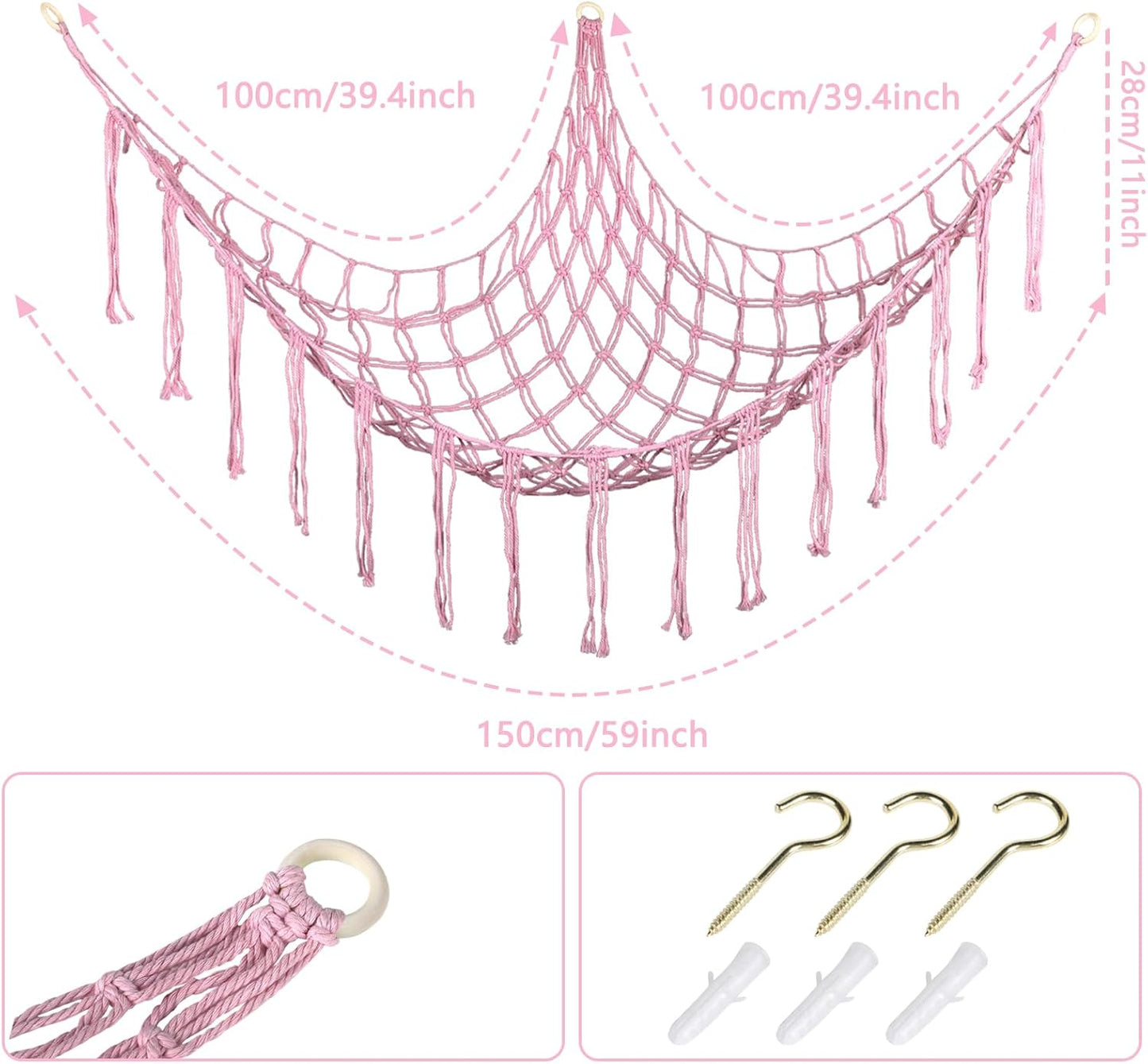 Boho Stuffed Animals Net or Hammock Large,55 Inch Toy Hammock Macrame Stuff Animal Storage Corner Hanging Net Holder,Mesh Hammock Plush Toy Organizer with Hooks for Bedroom,Nursery (Light Pink)