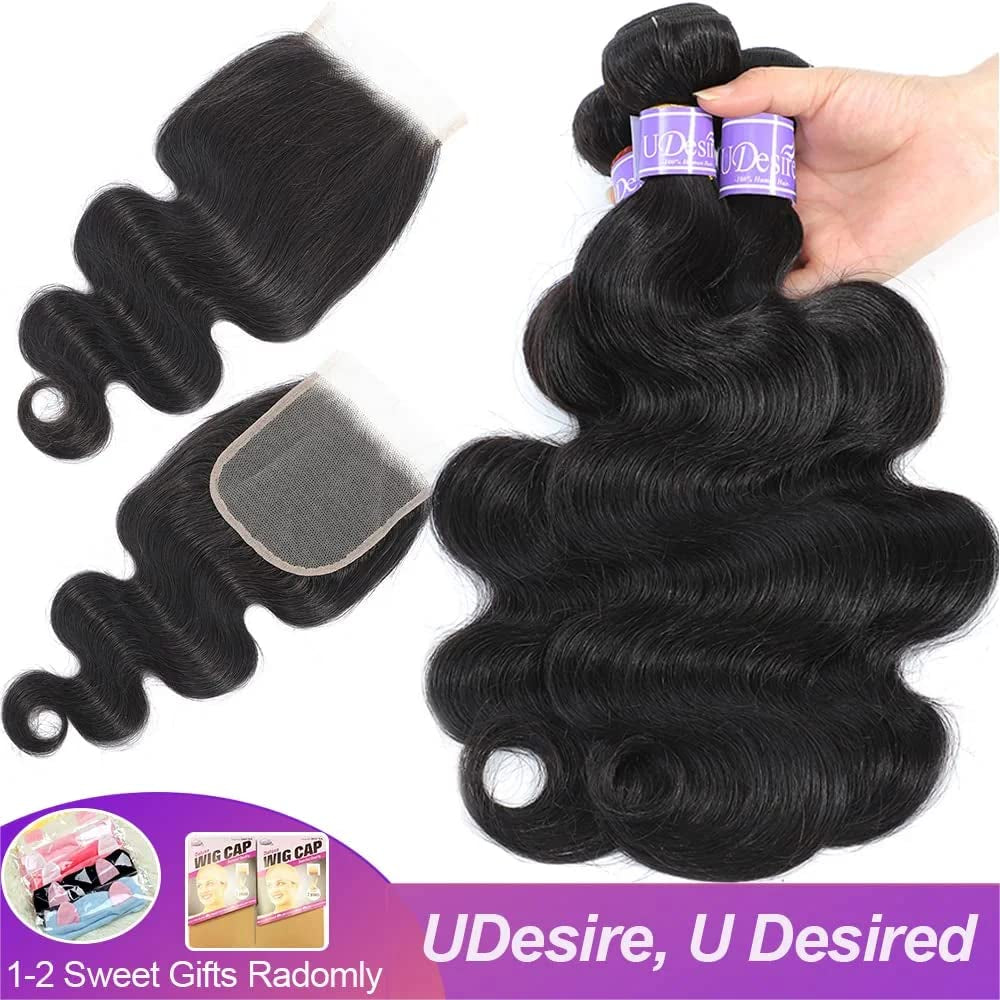 Hair 12A Brazilian Body Wave Bundles with Closure (10 12 14+10,Free Part)100% Unprocessed Brazilian Virgin Human Hair Body Wave Bundles with Closure Natural Black Color