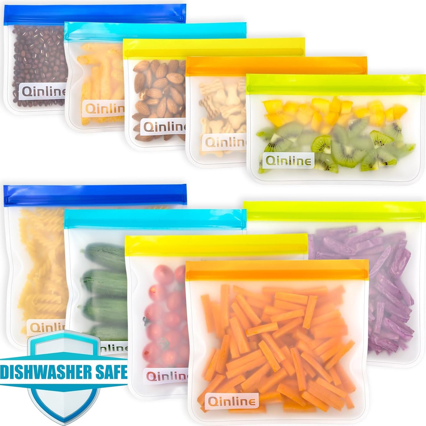 Reusable Food Storage Bags - 10 Pack Freezer Bags, BPA Free Reusable Bags Silicone, EXTRA THICK Leakproof Reusable Lunch Bag for Salad Fruit Travel - 2 Gallon 4 Sandwich 4 Snack Bags