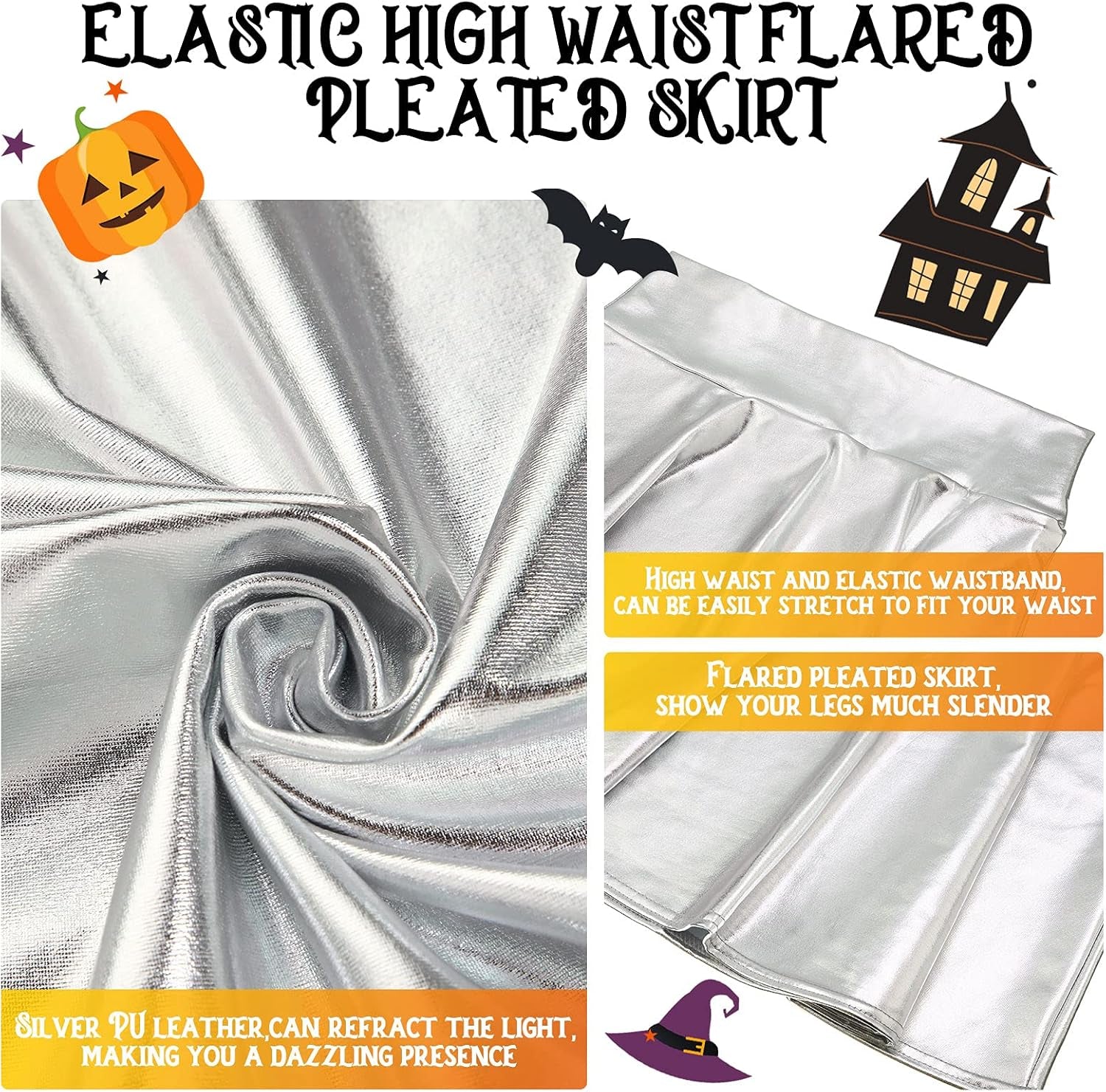 3 Pieces Halloween Alien Costume Include Silver Metallic Alien Skirt Flared Pleated Skater Skirt Cosmetic Face Glitter and Silver Headband for Women Girl Halloween Supplies
