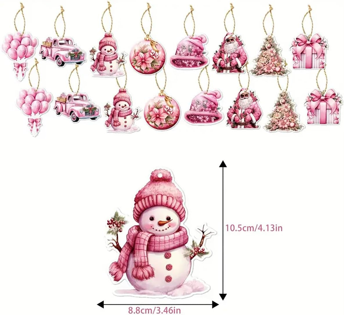 16 Pcs Christmas Tree Ornaments Set Pink Christmas Decorative Hanging Ornaments Xmas Tree Santa Claus Bell Snowman Cardboard Christmas Ornaments for Christmas Tree Xmas Party Decoration Supply