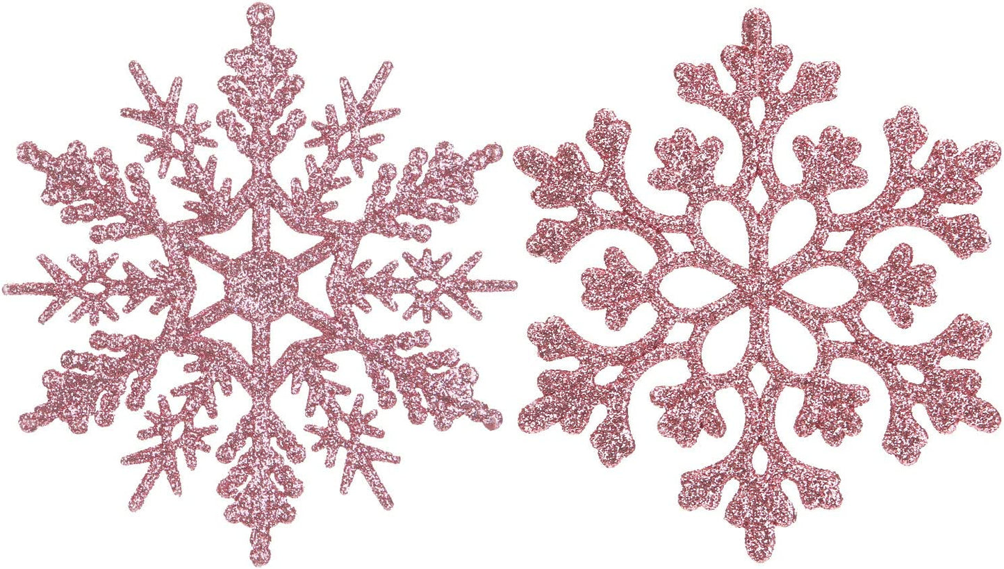 Plastic Christmas Glitter Snowflake Ornaments Christmas Tree Decorations, 4-Inch, Set of 36, Pink