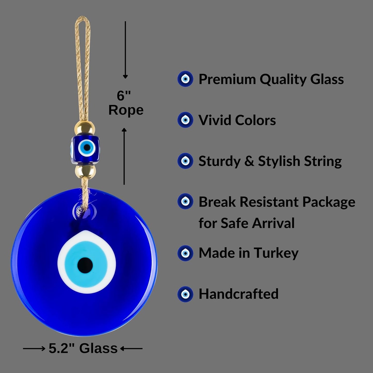 X-Large Evil Eye Wall Decor 5.2'' Blue Glass Turkish Greek Nazar Amulet Good Luck & Protection Charm - Handmade Hanging Ornament for Home,Office, Garden, Door - Ojo Turco