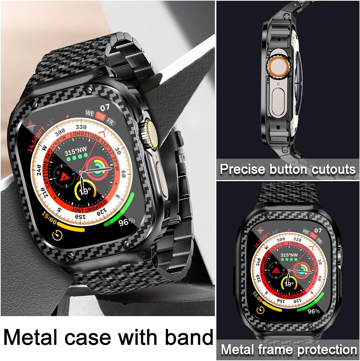 Stainless Steel Band and Case Compatible with Apple Watch Band 49Mm, Men Metal Protective Bumper Cover for Iwatch Ultra 2/1, Black Pattern