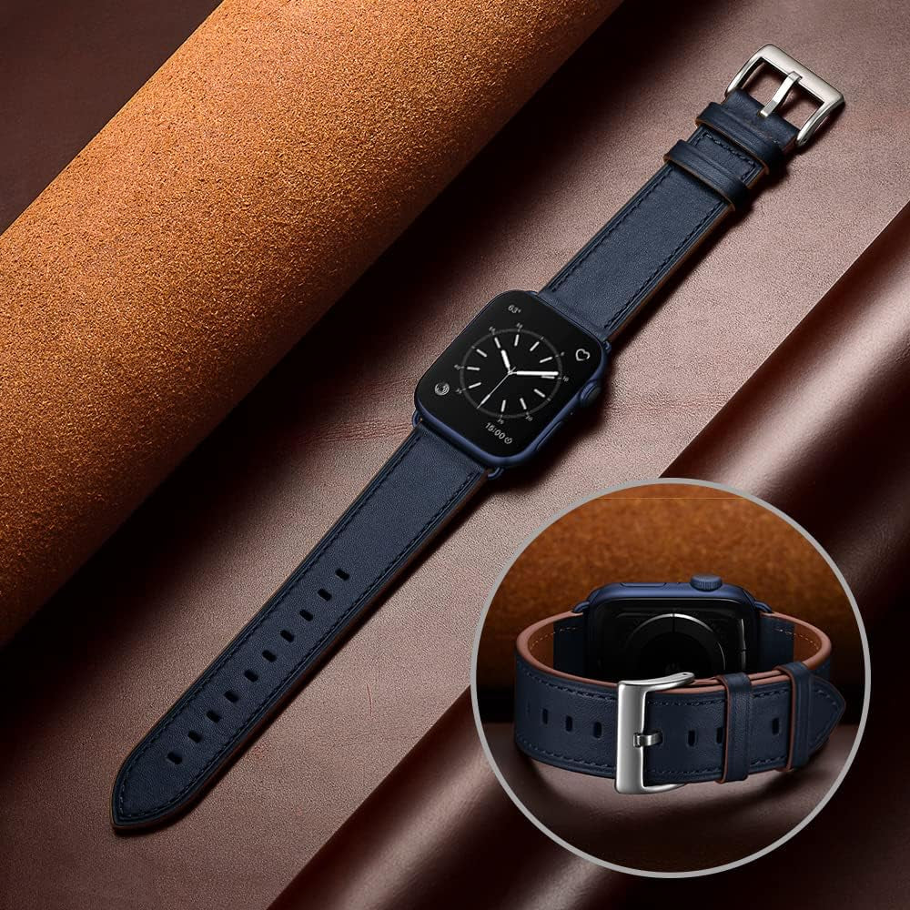 Compatible with Apple Watch Band 42Mm(Series 10) 41Mm 40Mm 38Mm, Genuine Leather Band Replacement Strap Compatible with Apple Watch (Black/Black+Dark Blue/Blue)