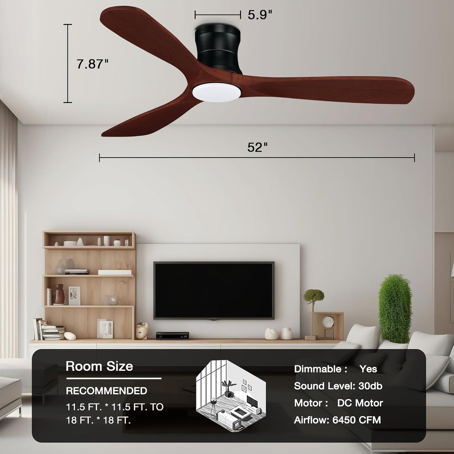 52” Smart Wood Flush Mount Ceiling Fans with Lights Remote,Quiet DC Motor,Outdoor Indoor Low Profile Ceiling Fan,Voice WIFI Alexa App Control,Dimmable,6-Speed,For Modern Bedroom Patio