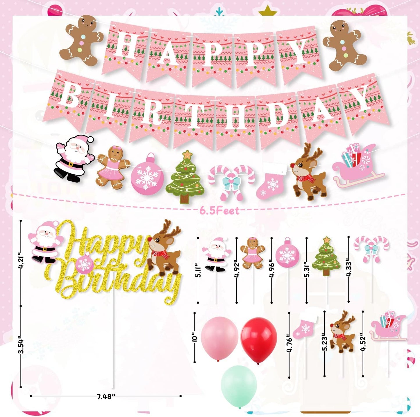 Pink Christmas Birthday Decorations,Gingerbread Man Theme Happy Birthday Banner Santa Claus Cake Topper Latex Balloons for Christmas Birthday Party Supplies