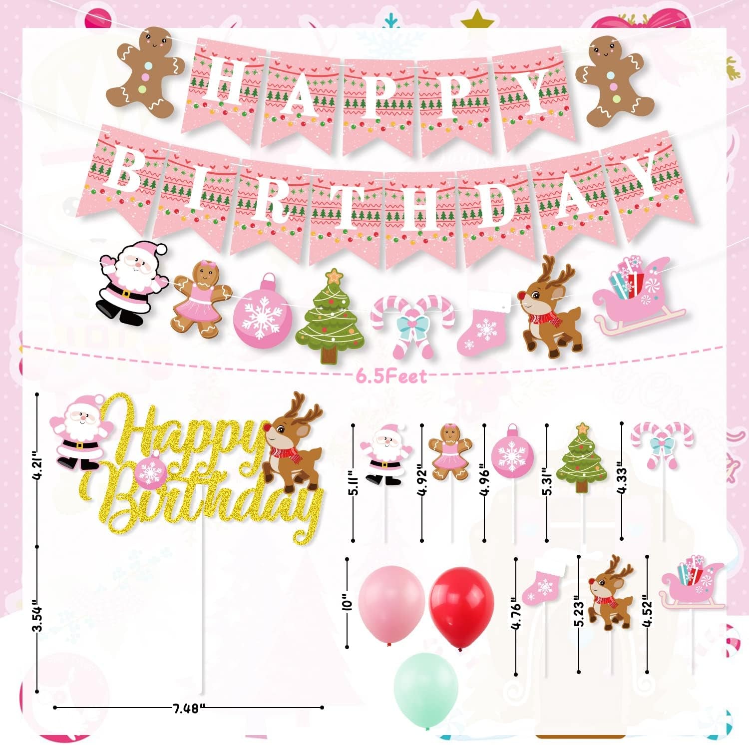 Pink Christmas Birthday Decorations,Gingerbread Man Theme Happy Birthday Banner Santa Claus Cake Topper Latex Balloons for Christmas Birthday Party Supplies