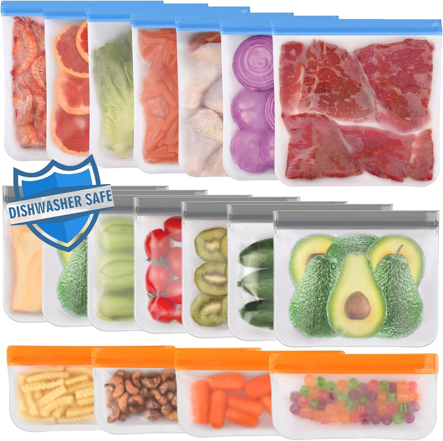 10 Pack Dishwasher Safe Reusable Bags Silicone, Leakproof Reusable Freezer Bags, BPA Free Reusable Storage Bags for Lunch Marinate Food Travel - 3 Gallon 4 Sandwich 3 Snack Bags