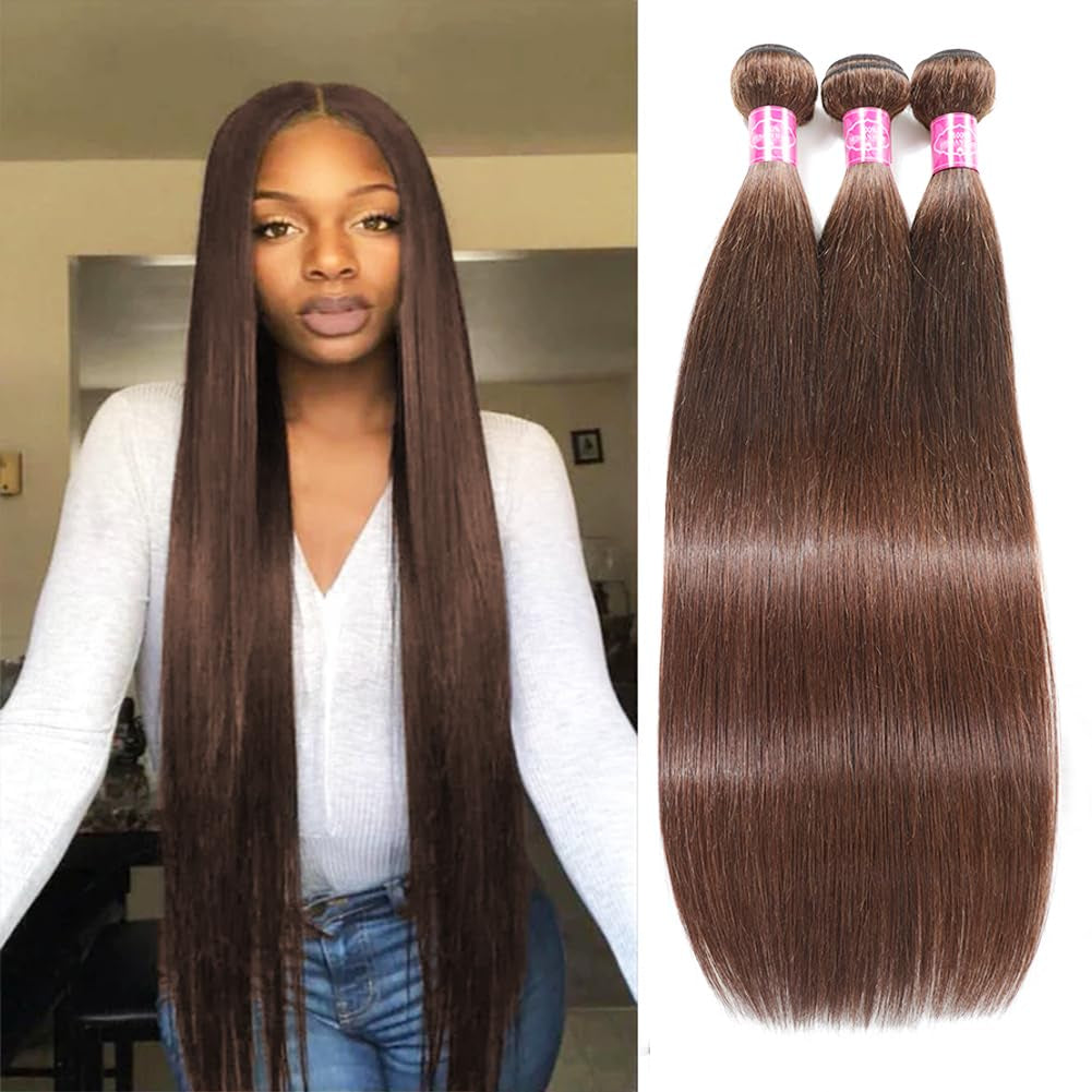 Brown #4 Color Straight Bundles Human Hair 24 26 28 Inch 3 Bundles Deals 12A Brazilian Weave Bundles Human Hair Virgin Remy Double Machin Weft for Women Natural Black Color Hair Extensions
