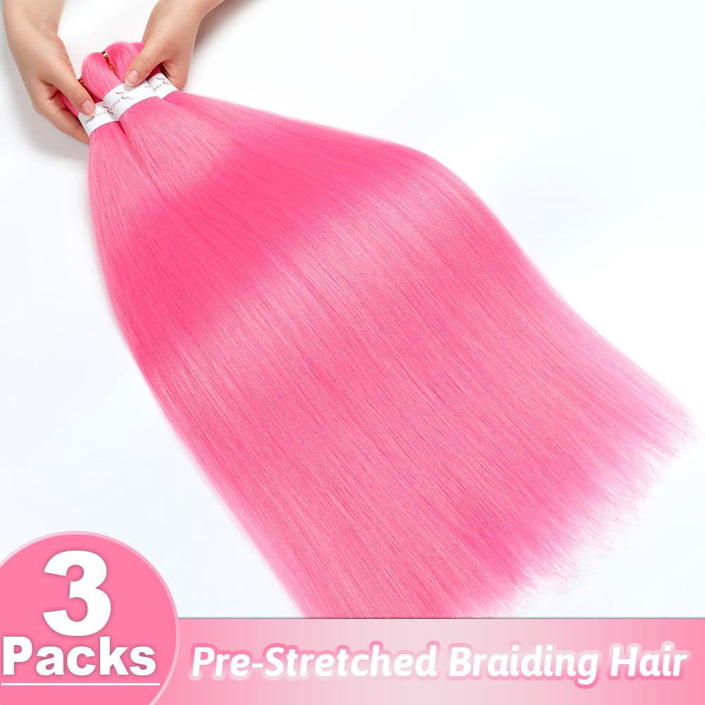 32 Inch Pink Braiding Hair Extensions Pre Stretched Braiding Yaki Braids Hair Hot Water Setting Synthetic Hair Colored Braiding Hair Pre Stretched Crochet Hair(32Inch,3 Packs,Pink#)