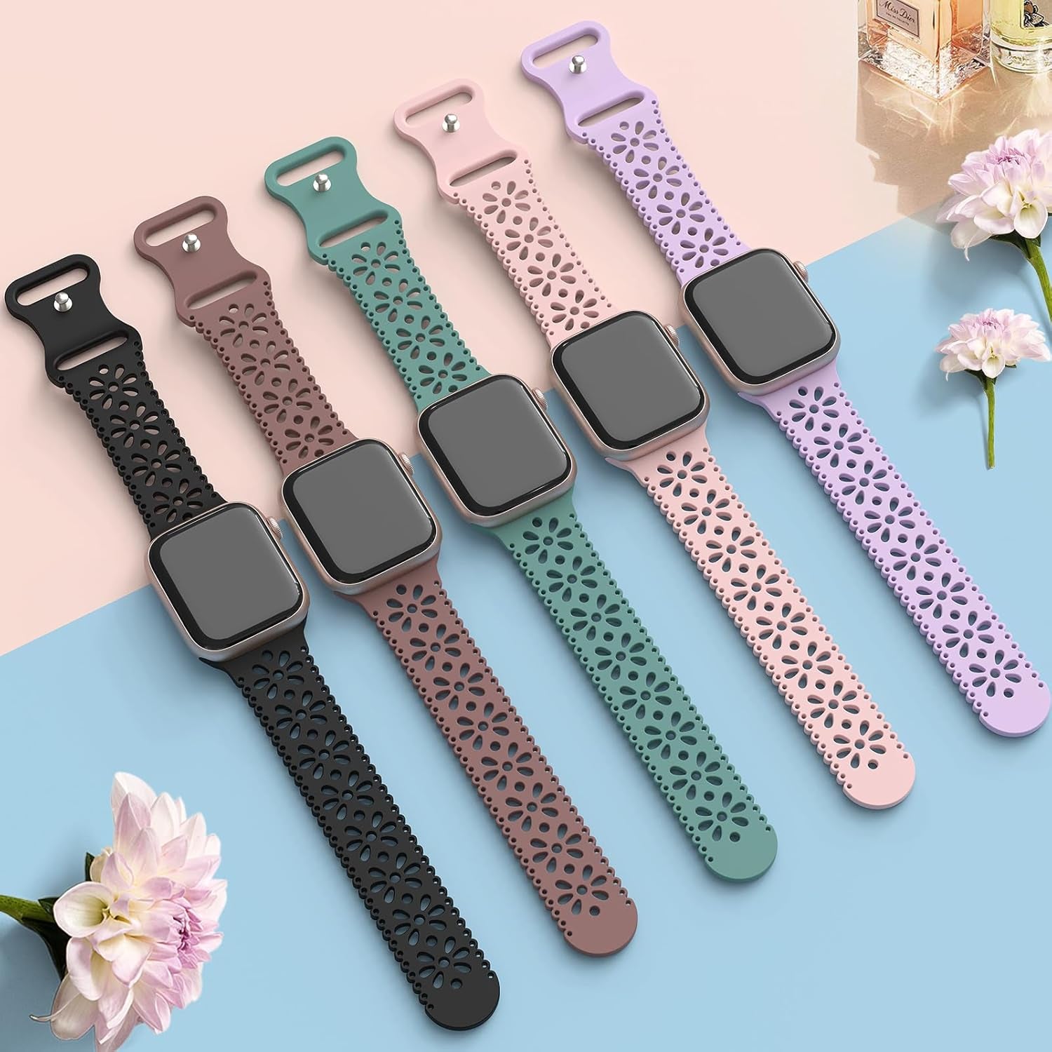 Lace Silicone Band Compatible with Apple Watch Band 40Mm 44Mm 38Mm 41Mm 45Mm 42Mm 49M for Women,Hollow-Out Sport Strap Soft Breathable Wristbands for Iwatch Series 9,Ultra,Se,8 7 6 5 4 3 2 1