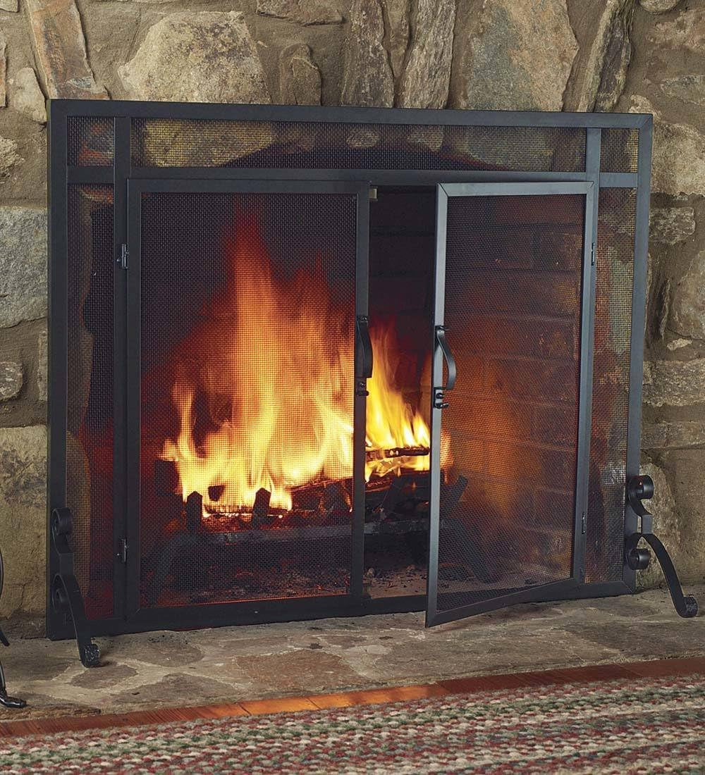 Metal Fireplace Screen Flatguard Black | 44" W X 33" H | 2 - Door | Spark Guard Indoor Grate | Iron Fire Place Cover | Wood Burning Stove Decorative Accessories