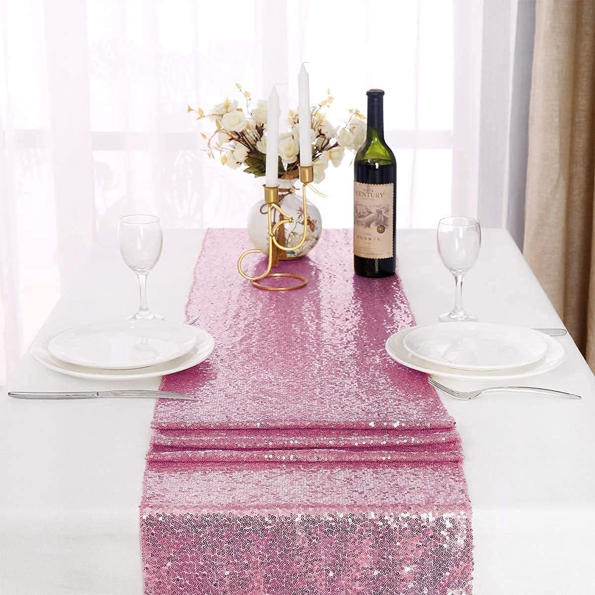 Pink Sequin Table Runners 12''X 108'', 2 Pack Fabric Glitter Runner for Wedding Birthday Party Supplies Bachelorette Bridal Baby Shower Fall Christmas Table Decorations