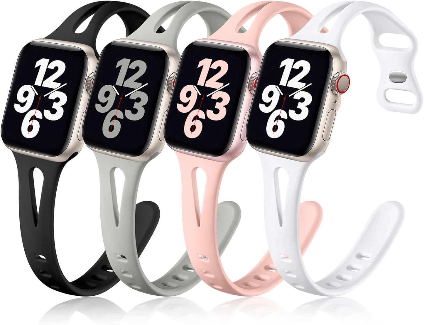 Compatible with Apple Watch Band 40Mm 38Mm 41Mm Iwatch Series 9 8 7 6 5 4 3 2 1 SE for Women Men, Stylish Durable Soft Silicone Slim Sport Watch Bands, 4 Pack, Black/Pebble Gray/Pink Sand/White