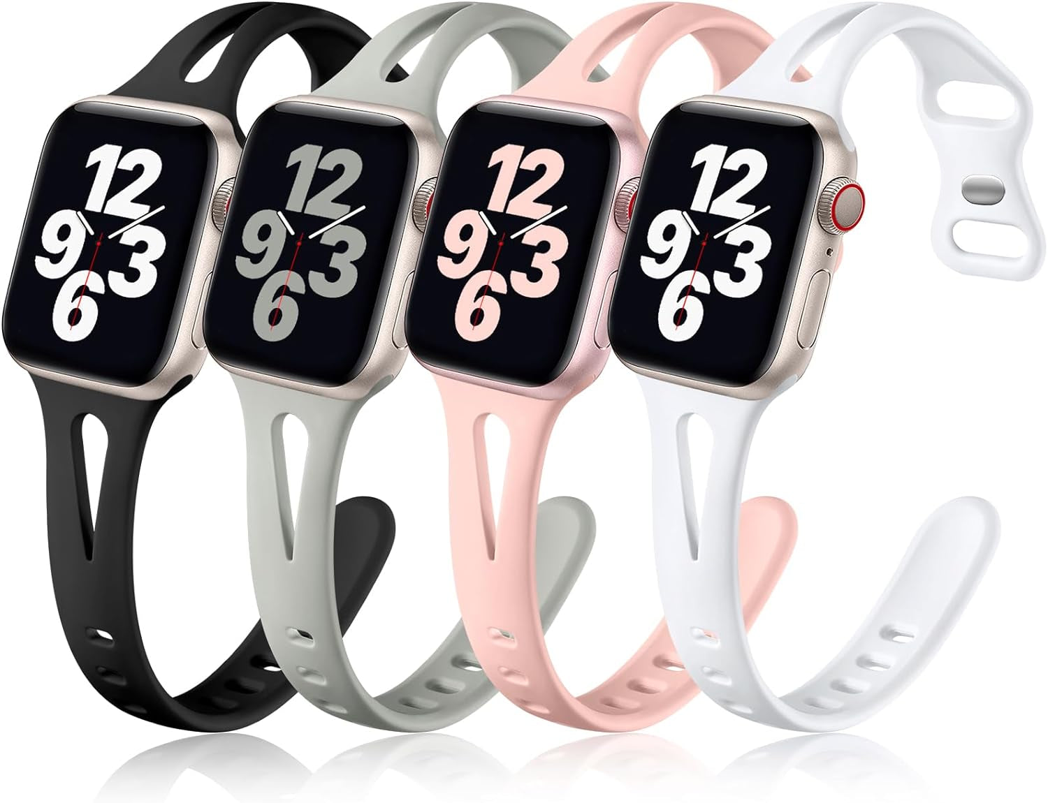 Compatible with Apple Watch Band 40Mm 38Mm 41Mm Iwatch Series 9 8 7 6 5 4 3 2 1 SE for Women Men, Stylish Durable Soft Silicone Slim Sport Watch Bands, 4 Pack, Black/Pebble Gray/Pink Sand/White