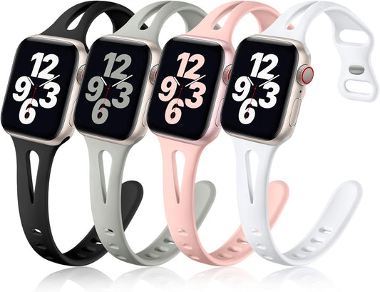 Compatible with Apple Watch Band 40Mm 38Mm 41Mm Iwatch Series 9 8 7 6 5 4 3 2 1 SE for Women Men, Stylish Durable Soft Silicone Slim Sport Watch Bands, 4 Pack, Black/Pebble Gray/Pink Sand/White