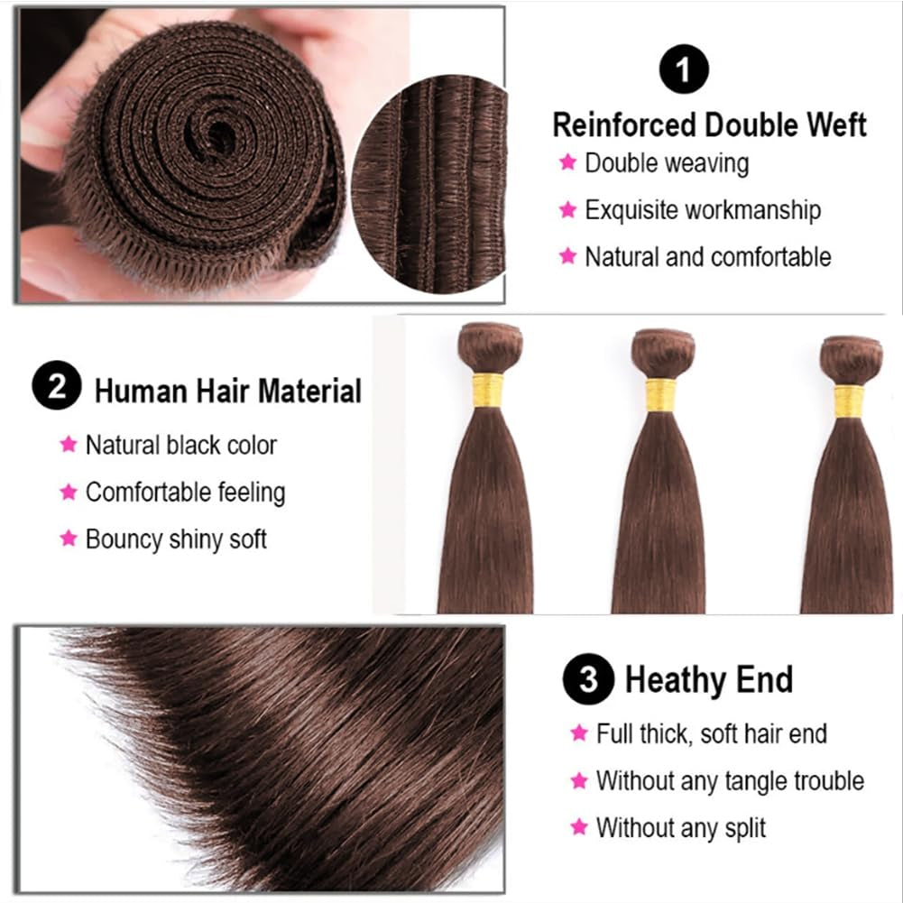 Brown #4 Color Straight Bundles Human Hair 24 26 28 Inch 3 Bundles Deals 12A Brazilian Weave Bundles Human Hair Virgin Remy Double Machin Weft for Women Natural Black Color Hair Extensions