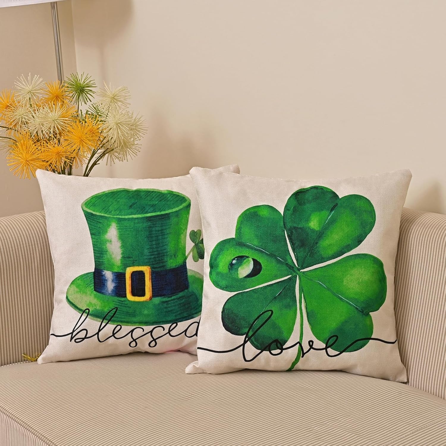 St Patricks Day Decor-Throw Pillow Covers 18X18 in Set of 4,Shamrock Linen Pillow Case with Green Hat Irish for Large Couch Sofa Home Indoor Outdoor Holiday Decorations