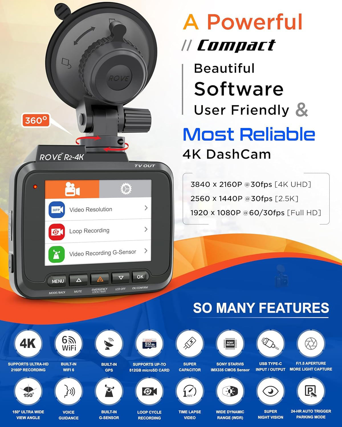 R2-4K Dash Cam Built-In Wifi GPS Car Dashboard Camera Recorder with UHD 2160P, 2.4" IPS Screen, 150° Wide Angle, WDR, Night Vision