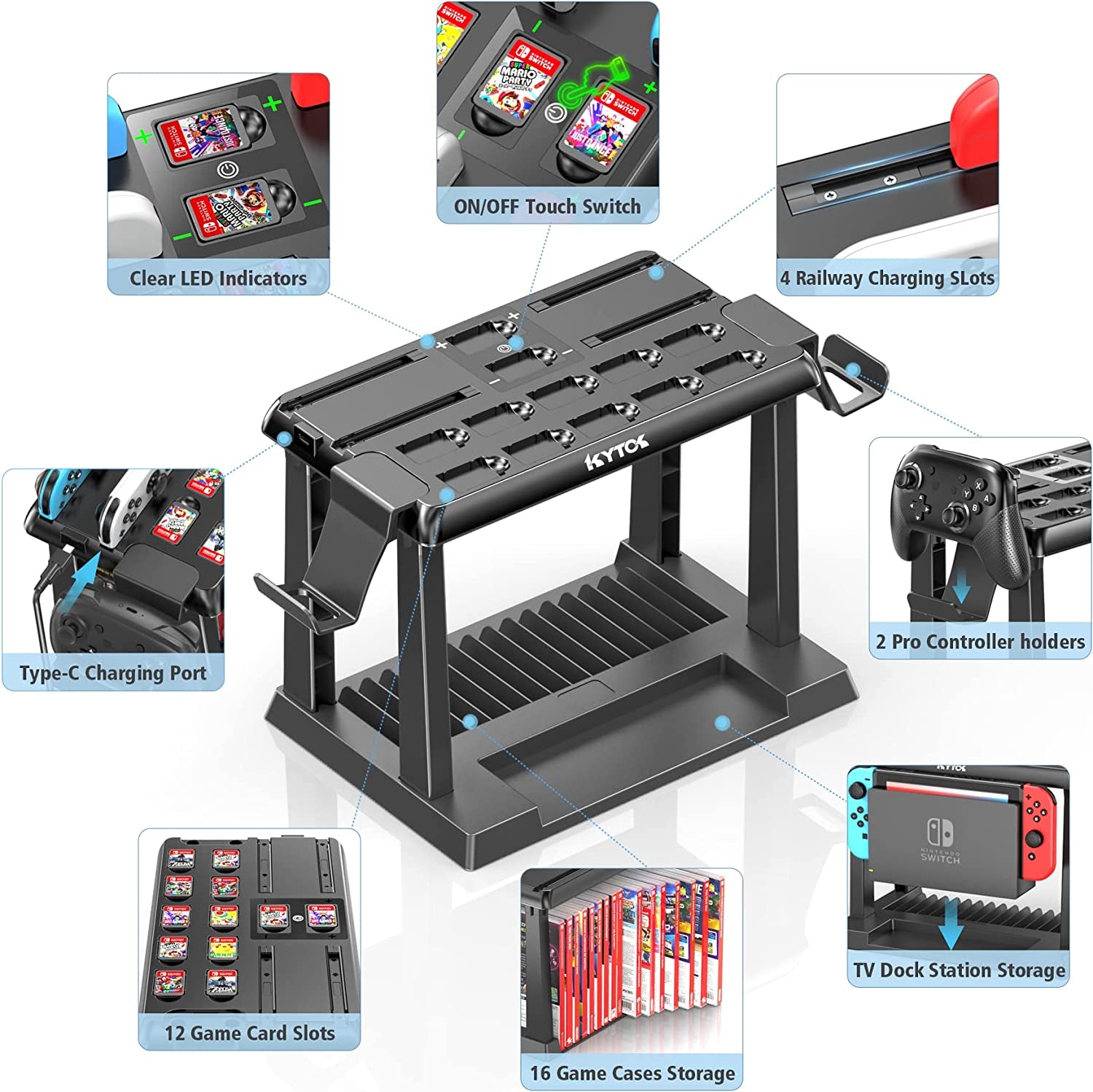 Switch Games Organizer Station with Controller Charger, Charging Dock for Nintendo Switch & OLED Joycons, Switch Mounts, Brackets & Stands for Games, TV Dock, Pro Controller, Accessories Kit Storage