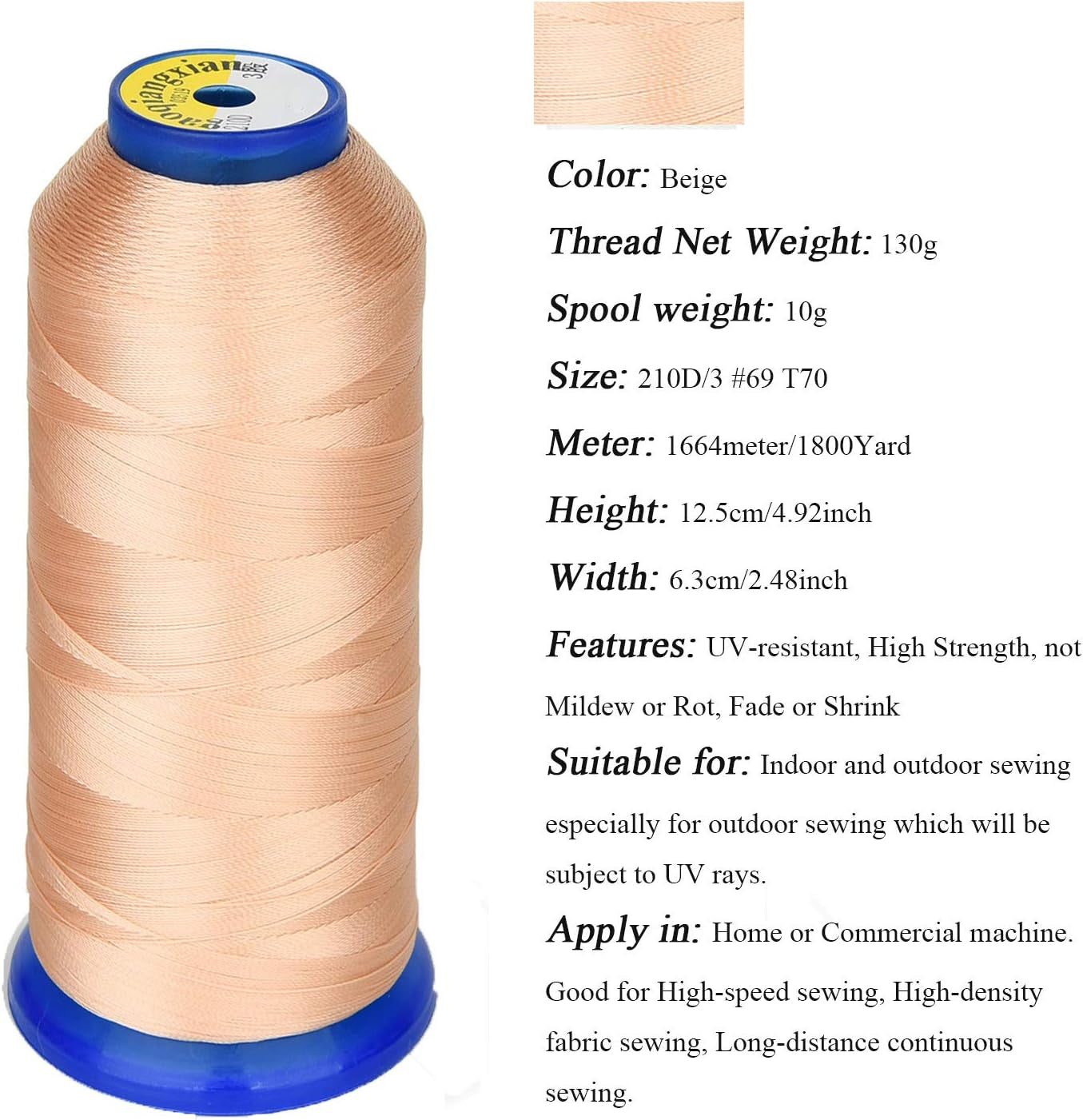 Heavy Duty Thread 1800 Yards Size T70#69 210D/3 All Purpose High Strength Polyester Sewing Thread for Weaves, Upholstery, Jeans and Weaving Hair, Drapery, Beading, Purses, Leather (Beige)