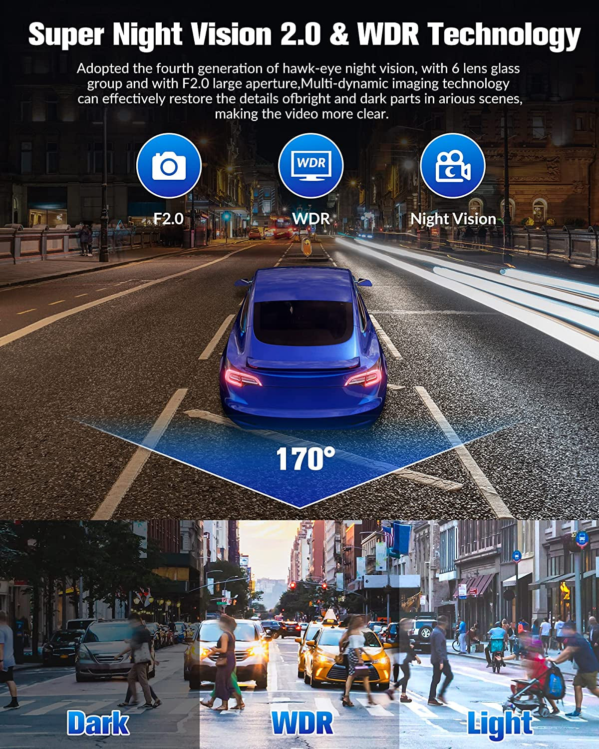 Dash Camera for Cars,4K Full UHD Car Camera Front Rear with 32GB Card,Built-In Super Night Vision,2.0'' IPS Screen,170°Wide Angle,Wdr, 24H Parking Mode, Loop Recording