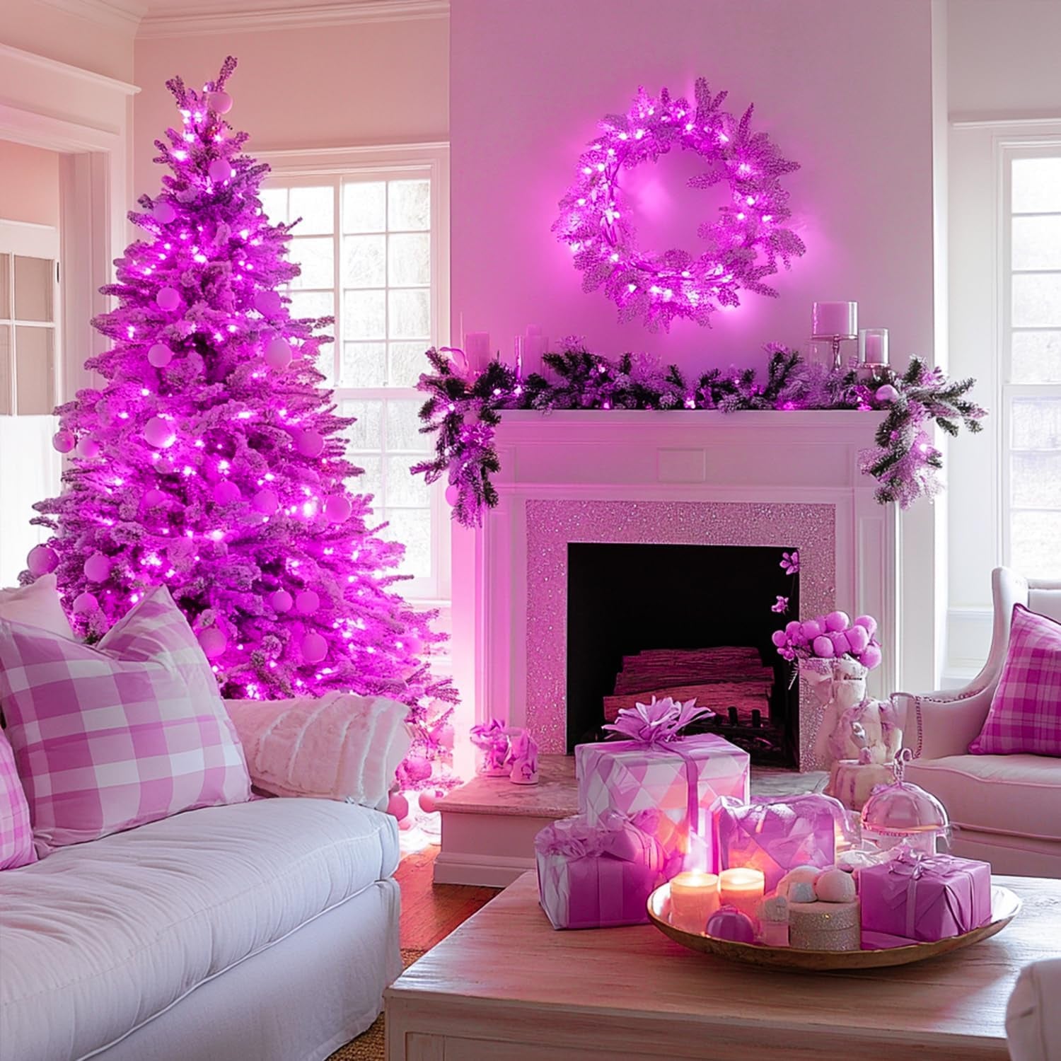 Connectable 33Ft 100 LED Pink Christmas Lights, 8 Modes Pink Christmas Tree Lights Clear Wire, Plug in Pink String Lights Indoor Outdoor for Christmas Tree, Bedroom, Room, Party