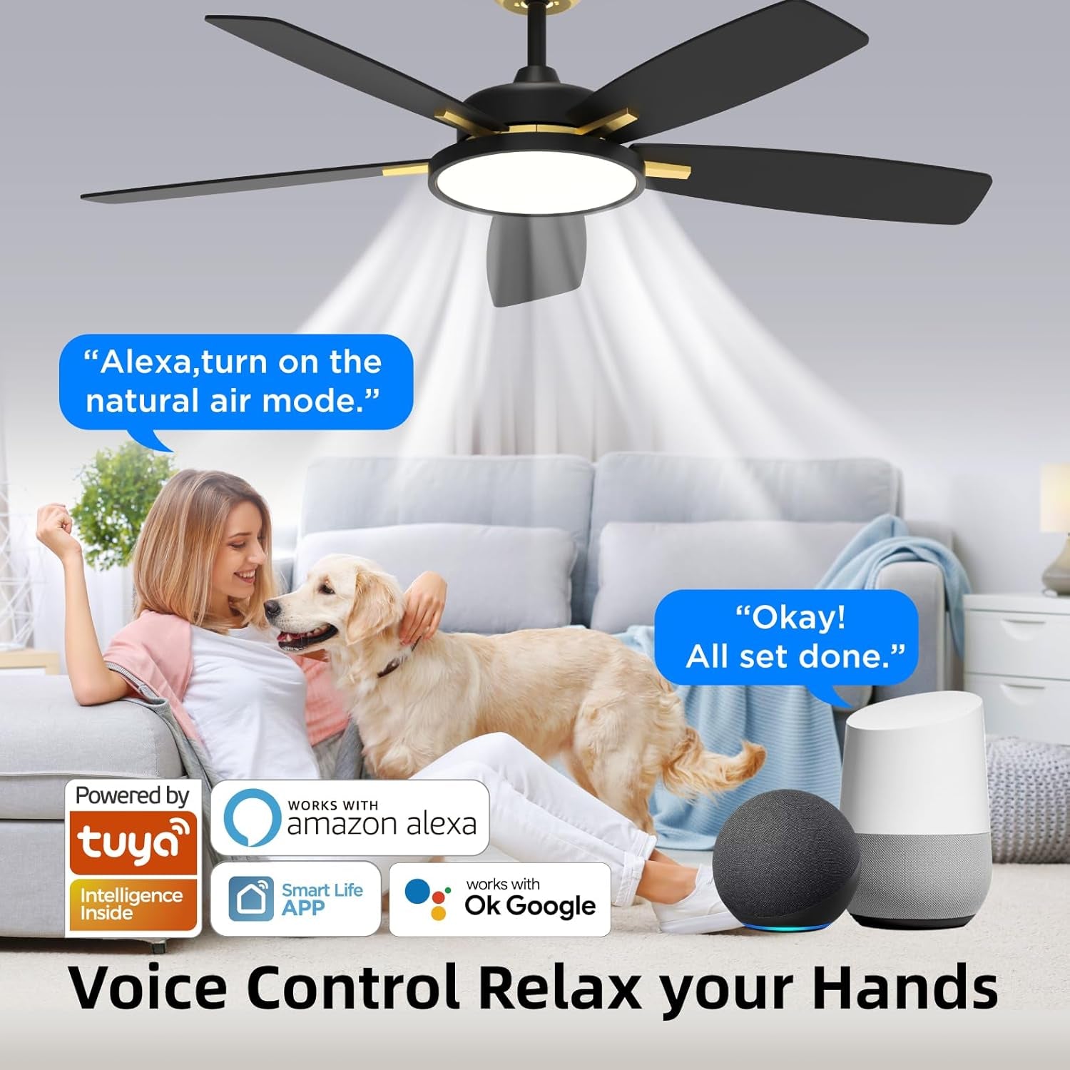 Ceiling Fans with Lights,Ultra Silent 52 Inch Smart Ceiling Fans with Dimmable LED Light Compatible with Google Home Alexa App Control(Black Gold