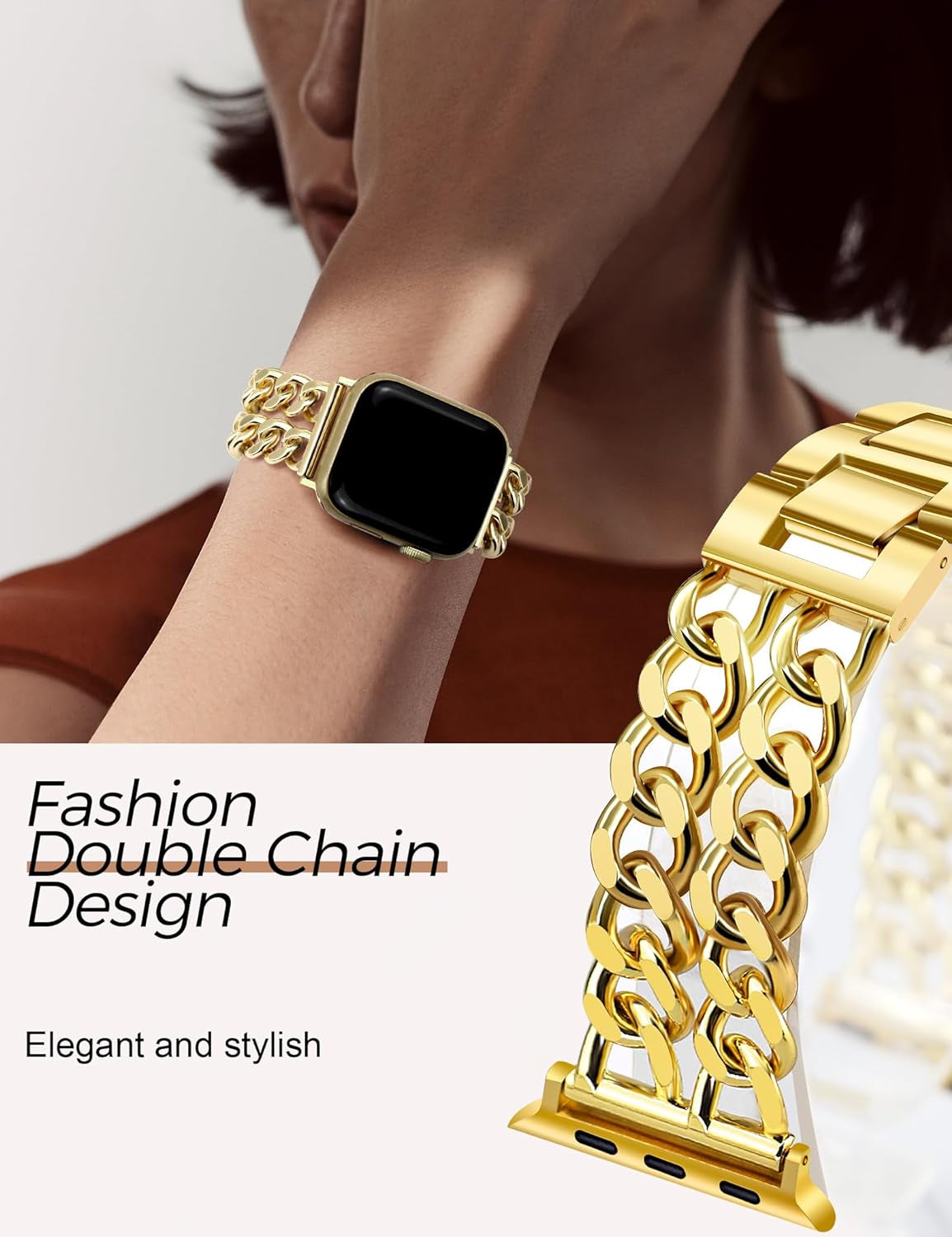Gold Watch Bands for Women Compatible with Apple Watch Band 38Mm 40Mm 41Mm Adjustable Metal Band Cowboy Steel Chain Bracelet for Iwatch Series 9/8/7/6/5/4/3/2/1/Se/Ultra (No Case)