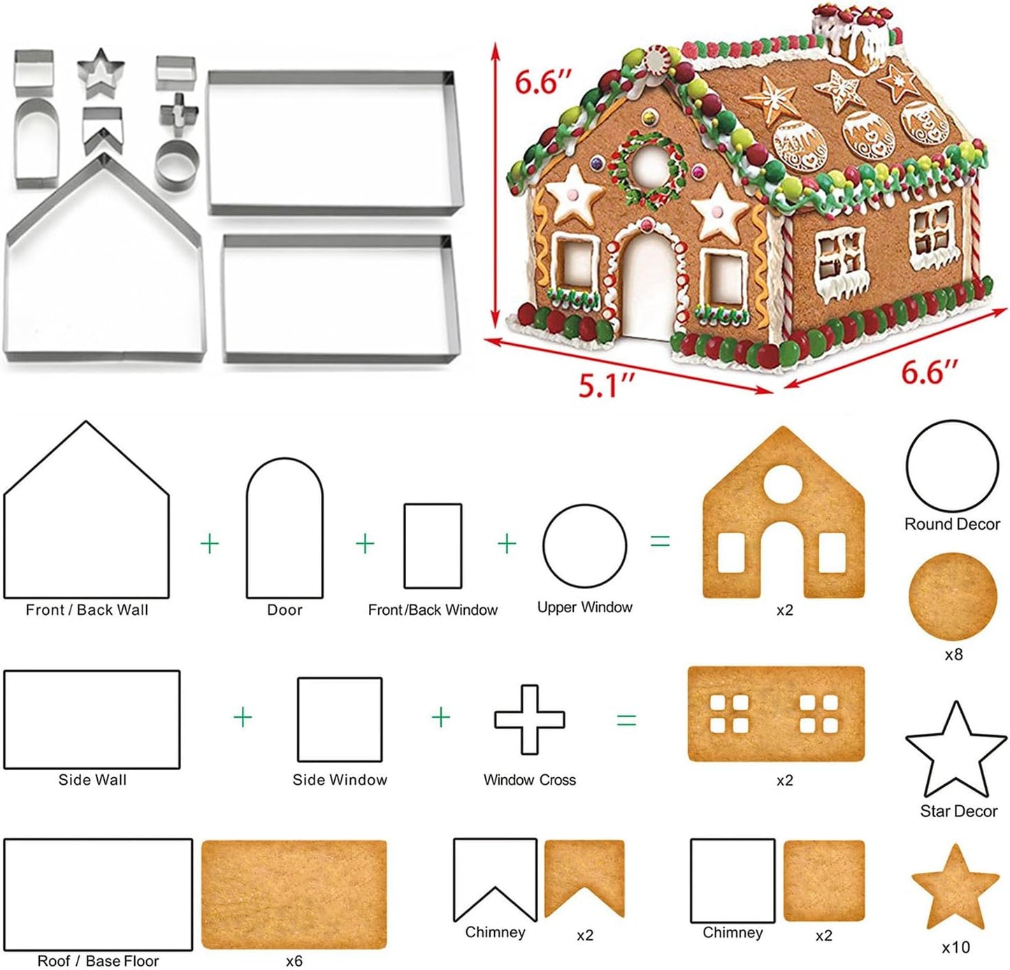 Gingerbread House Cookie Cutter Set - 3D House Cookie Cutters, Gingerbread House Kit for Holiday, Winter, Christmas & Gingerbread House Kit for Kids, Gift Package (10Pcs Christmas Cookie Cutters)