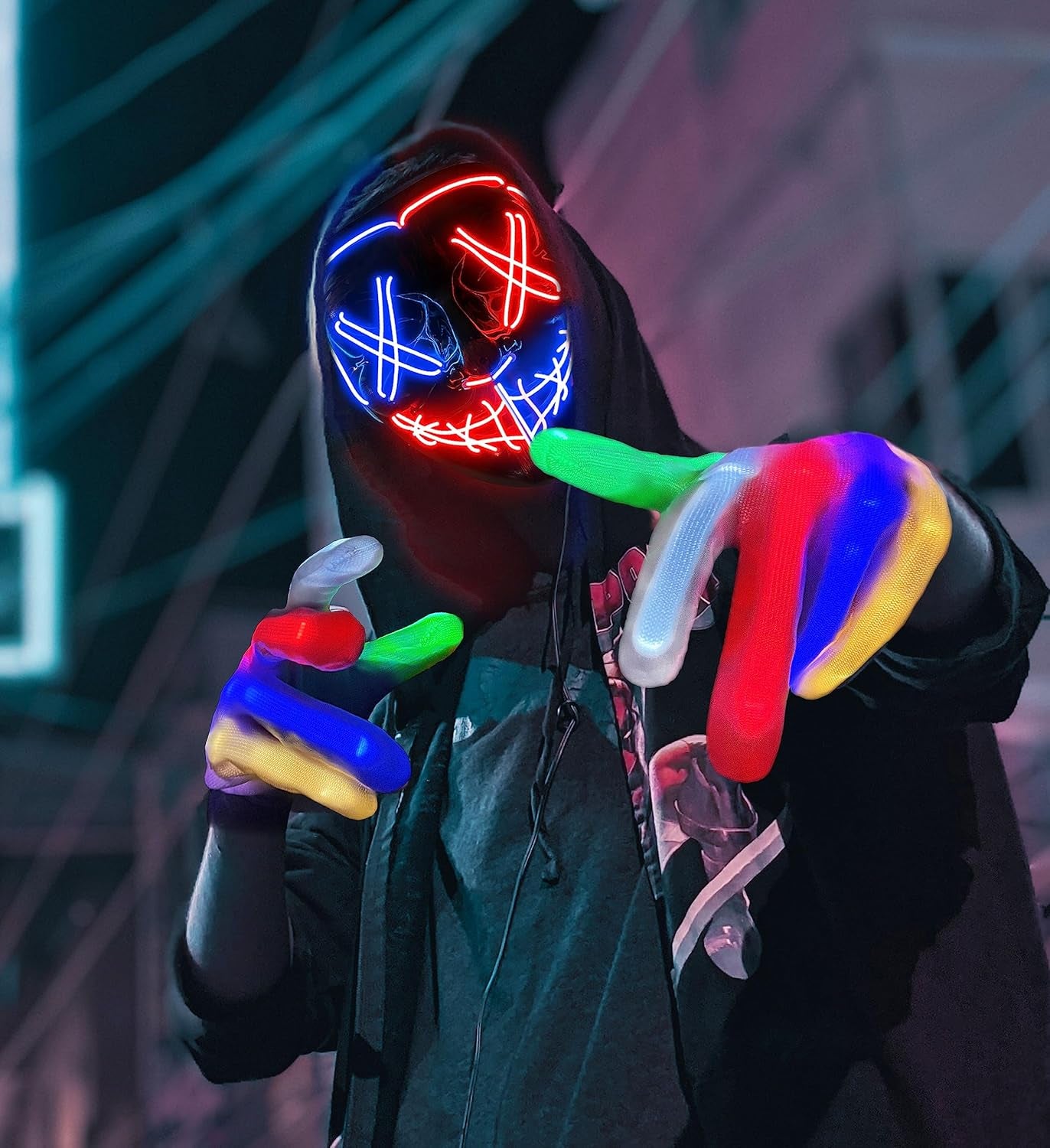 Halloween Mask Skeleton Gloves Set, Light up Scary LED Mask with Glow Gloves, Halloween Costumes for Boys Girls