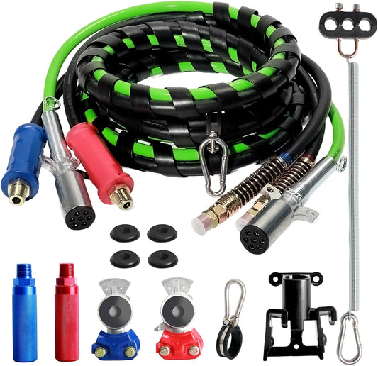 12FT Semi Truck Air Lines Kit - 3 in 1 Air Hoses Wrap 7 Way Trailer Cord Power Air Line for Semi Truck, Trailer, Tractor, with Gladhands,Handles,Holder,Tender Spring Kit,Seals